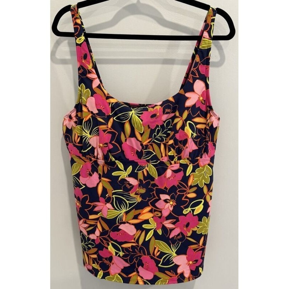 Lands End Tankini Swimsuit Top Navy Pink Floral Slender Suit Underwire Size 18